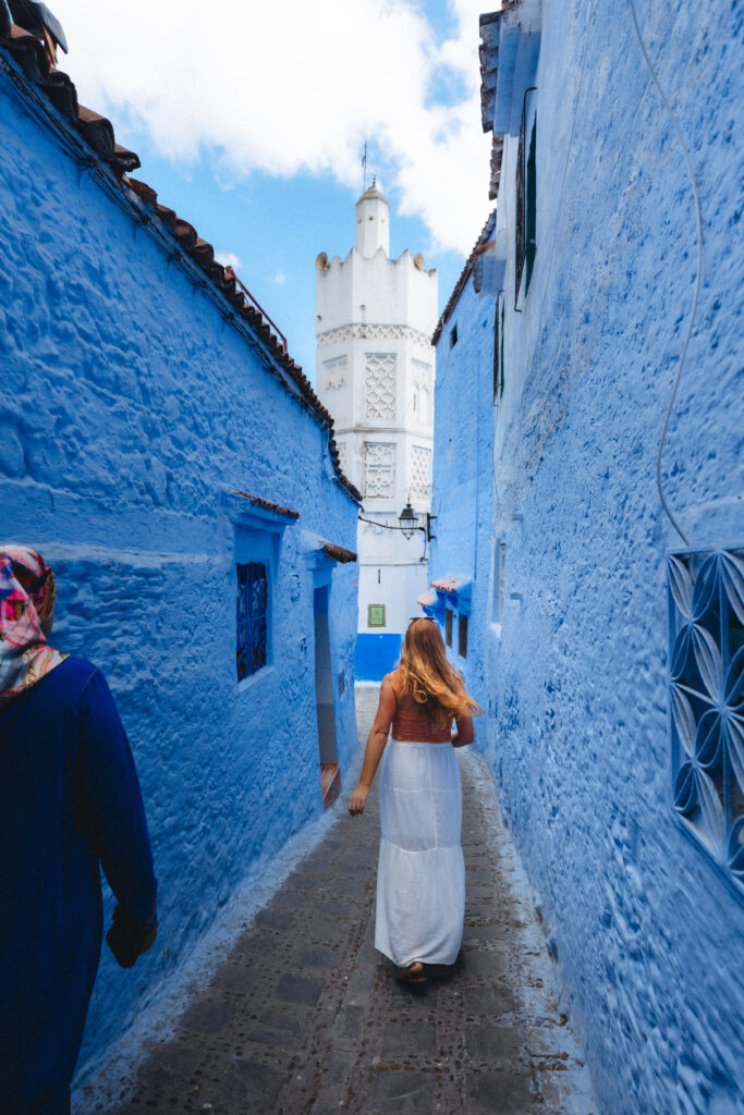 Chefchaouen photos - most instagrammable places in Morocco - white mosque blue street