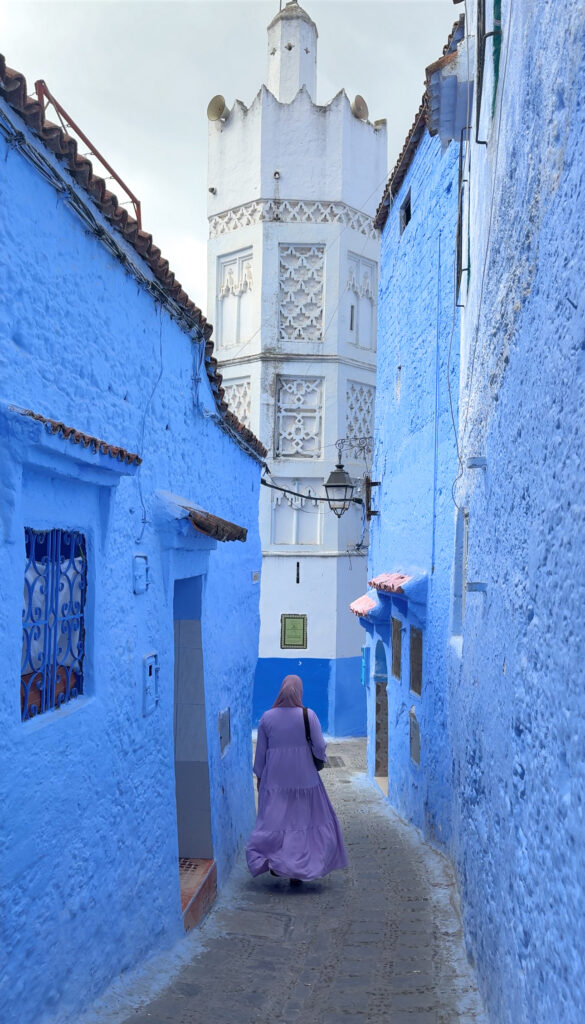 Chefchaouen photos - most instagrammable places in Morocco - white mosque blue street